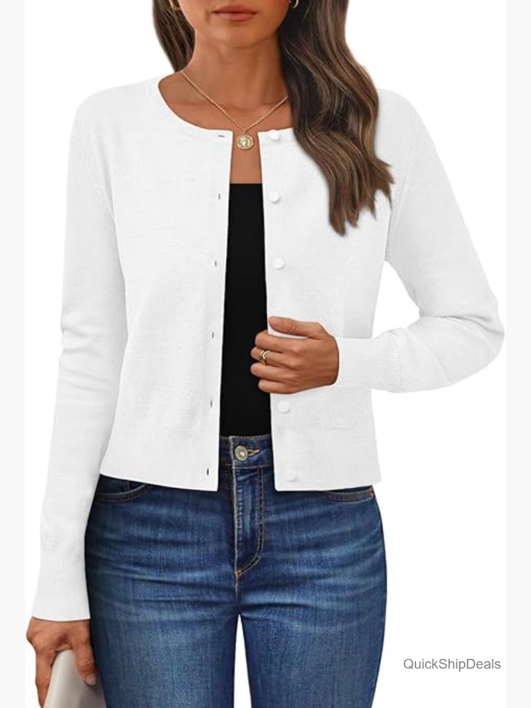 Cropped Cardigan Crew Neck Lightweight Button Down Knit Sweater